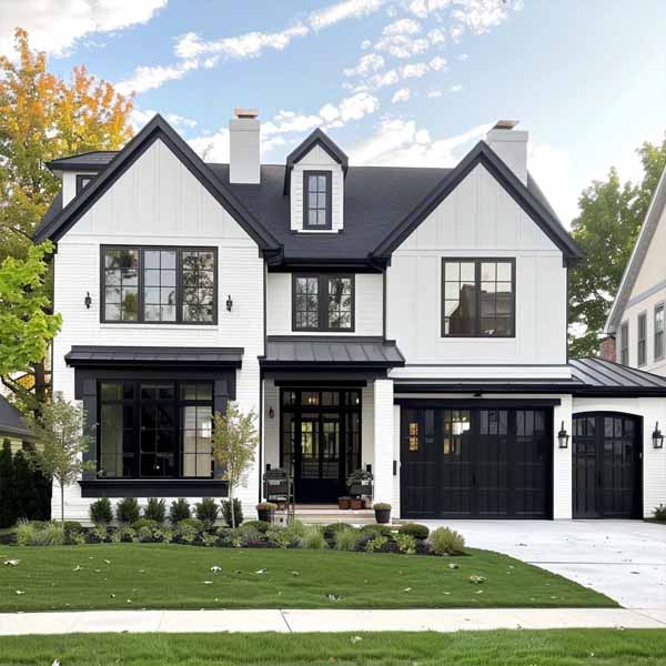 an exterior of a house painted white with black trim. Exterior painting services in Dublin, Ohio.